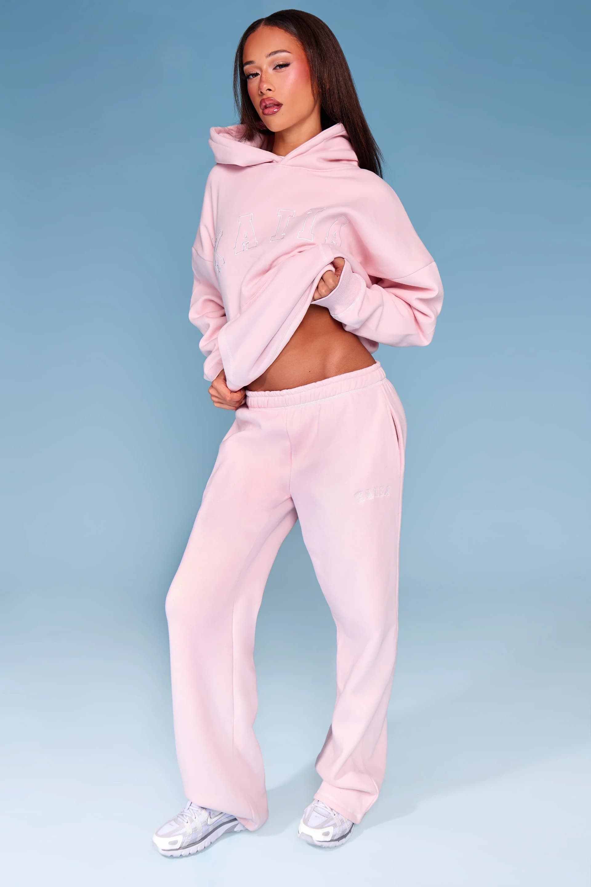 Kaiia Kaiia Slogan Contrast Stitch Wide Leg Joggers Pink & White