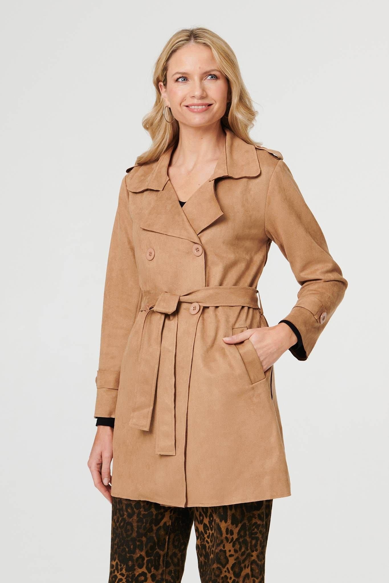 Izabel London Izabel London Beige Faux Suede Trench Coat