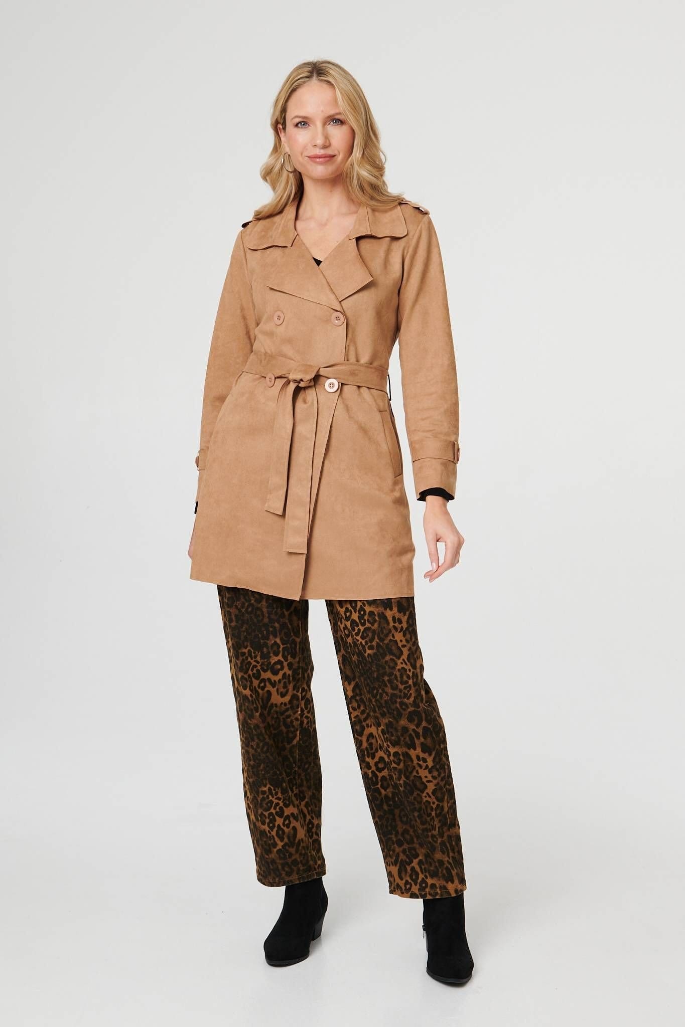 Izabel London Izabel London Women's Faux Suede Double Breasted Trench Coat in Beige - 4