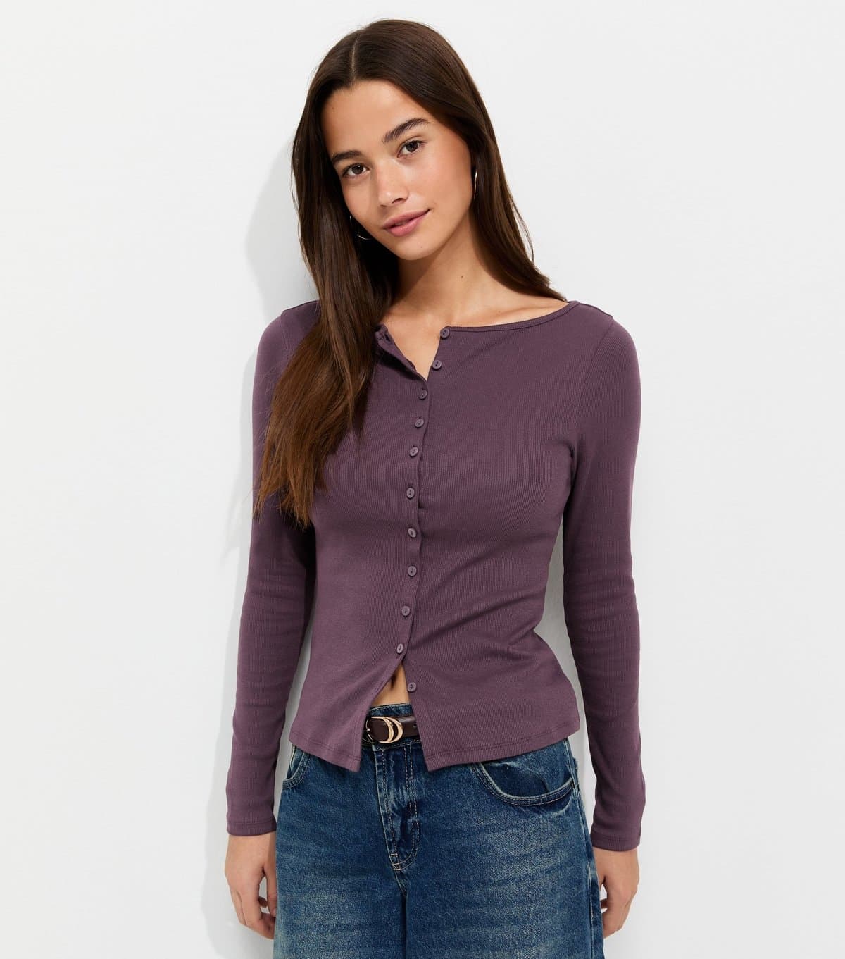 New Look Women's Dark Burgundy Rib Button Through Slash Neck Long Sleeve Top New Look