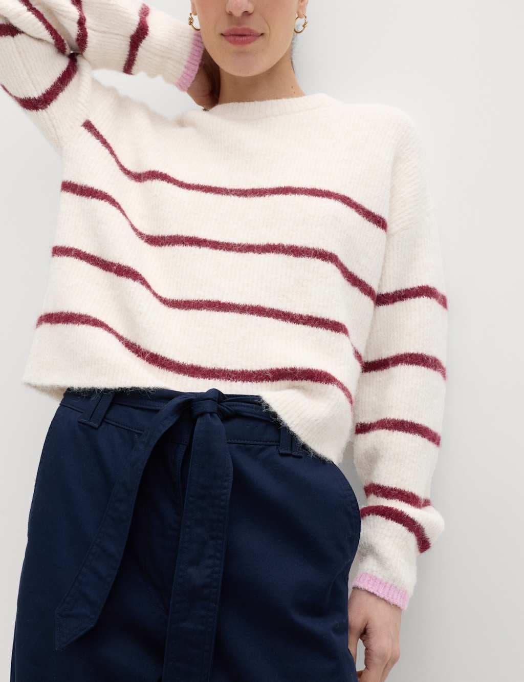 Marks & Spencer M&S Pure Cotton Belted Straight Leg Trousers Navy