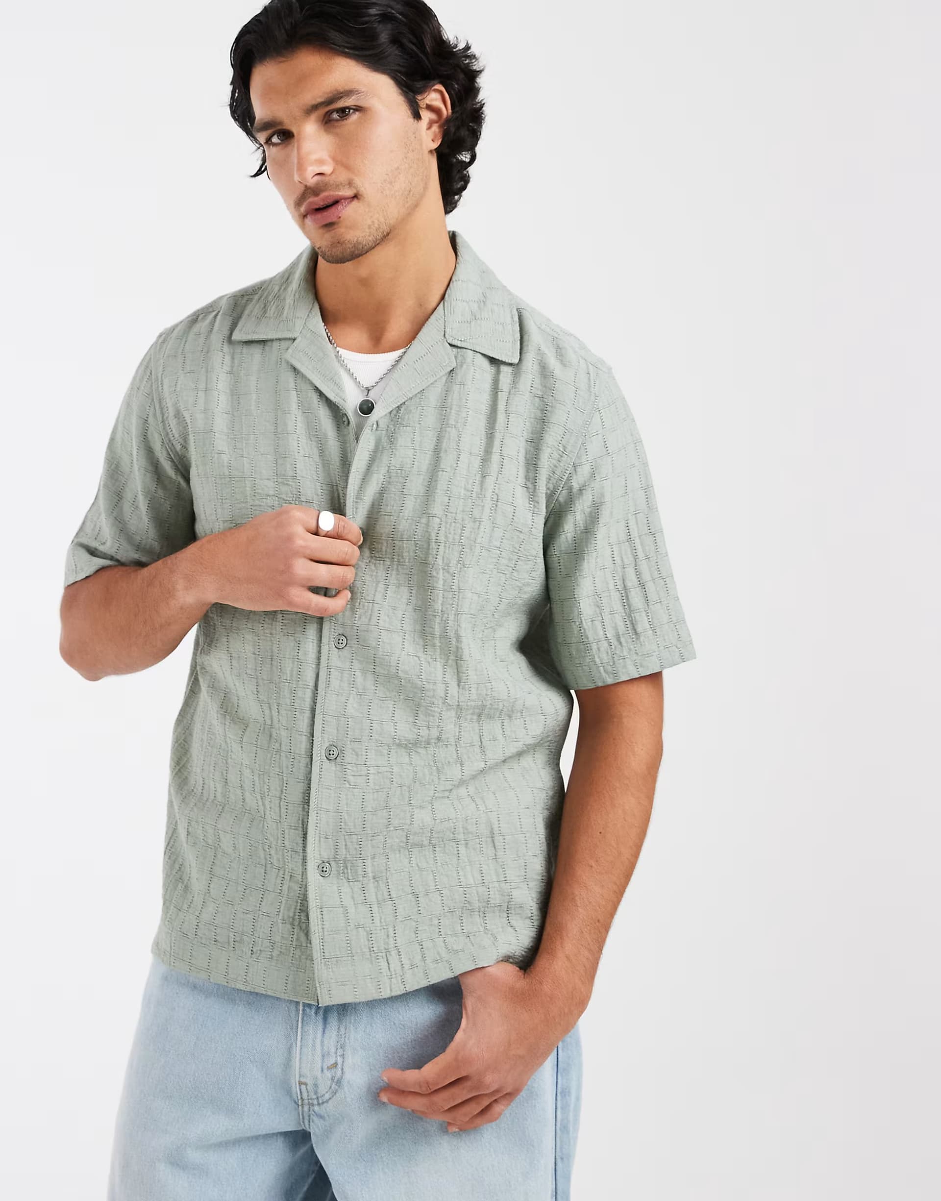 ASOS ONLY & SONS regular fit textured shirt with resort collar in light sage