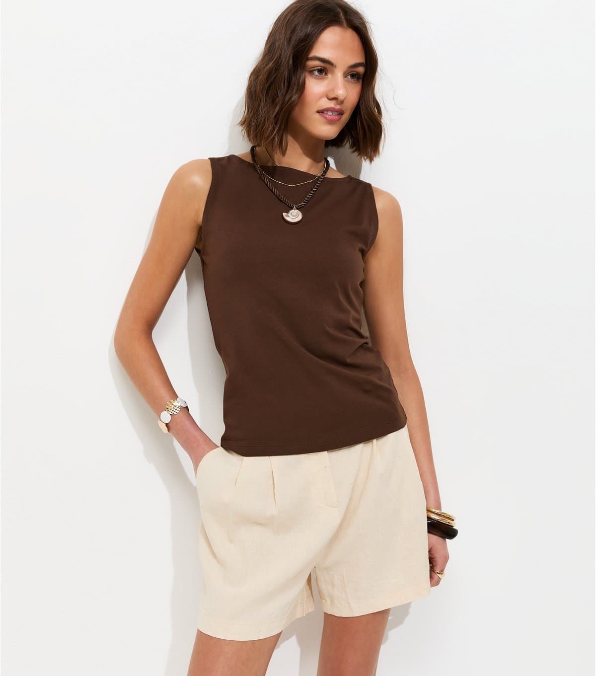 New Look New Look Dark Brown Cotton Rich Slash Neck Vest