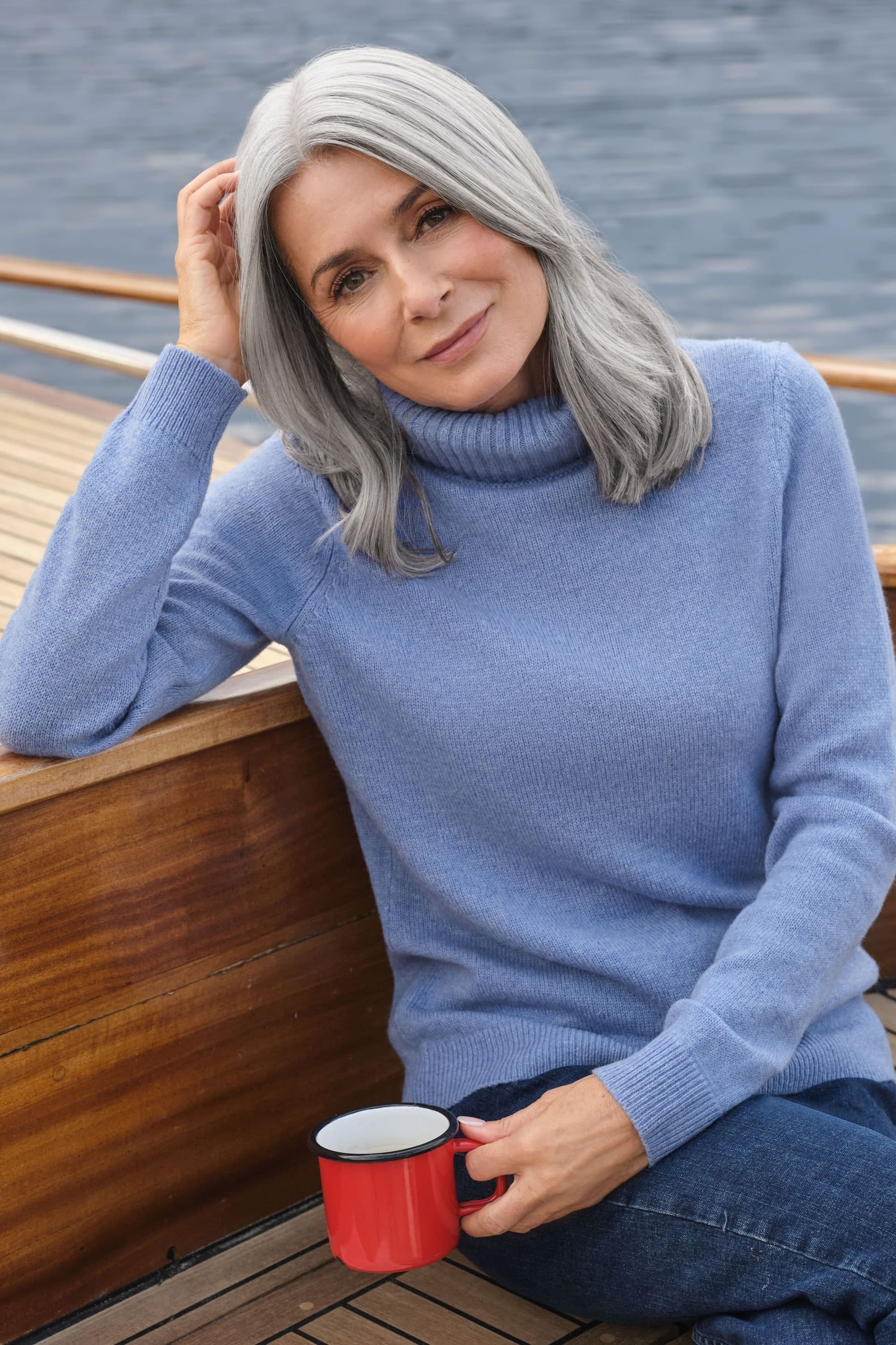 WoolOvers WoolOvers Women's 100% Wool Polo Neck Jumper in Blue