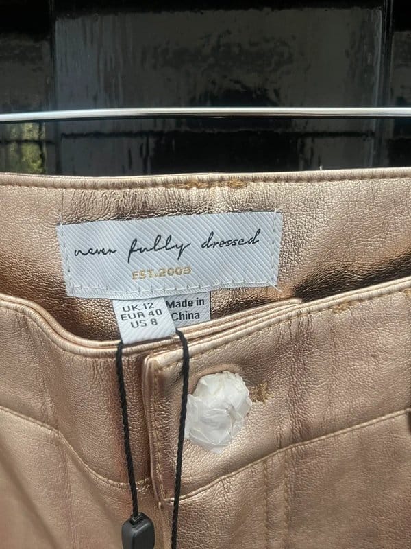 Never Fully Dressed Gold Vegan Leather Trousers Size 12