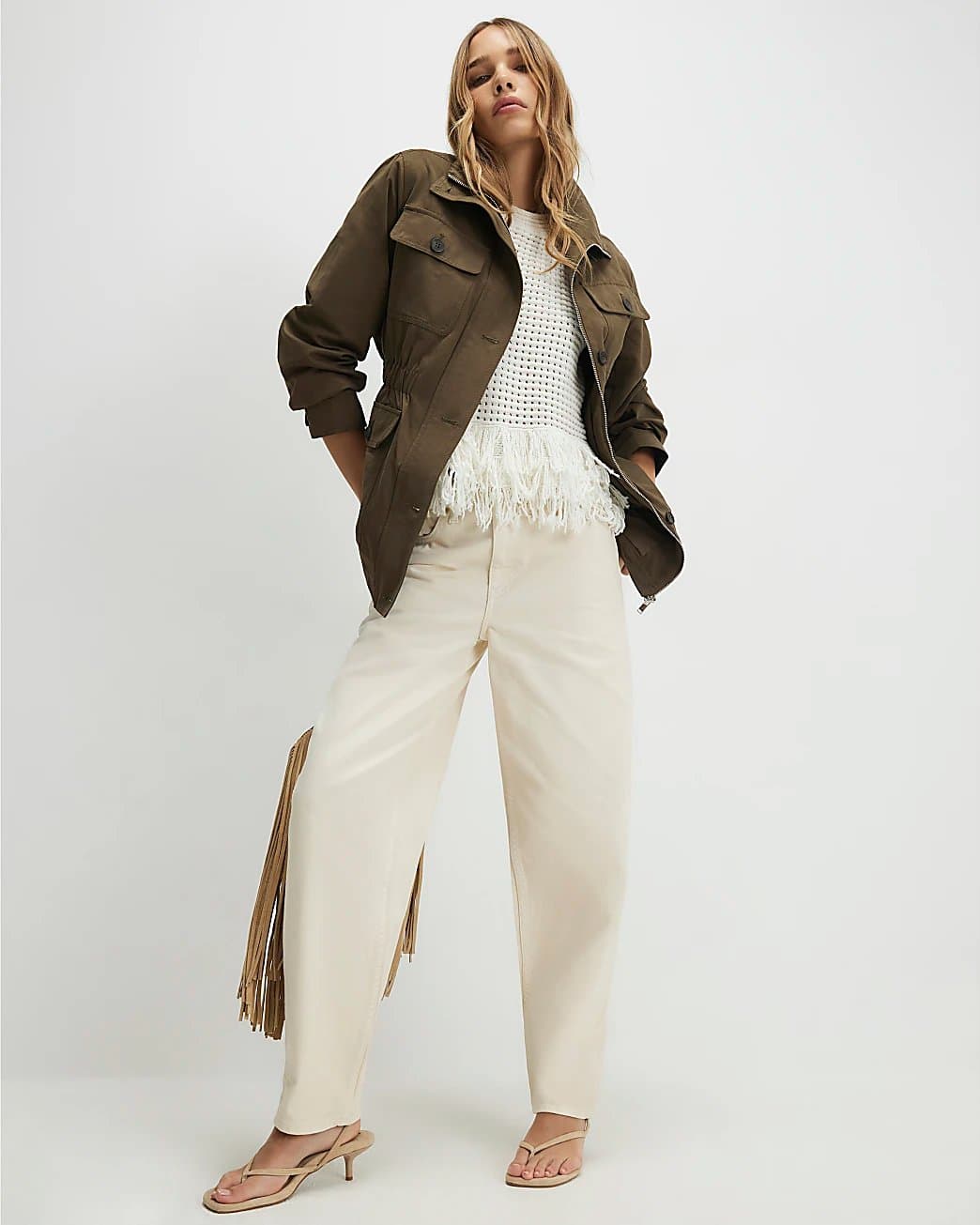 River Island River Island Womens Khaki Cotton Blend Funnel Neck Jacket