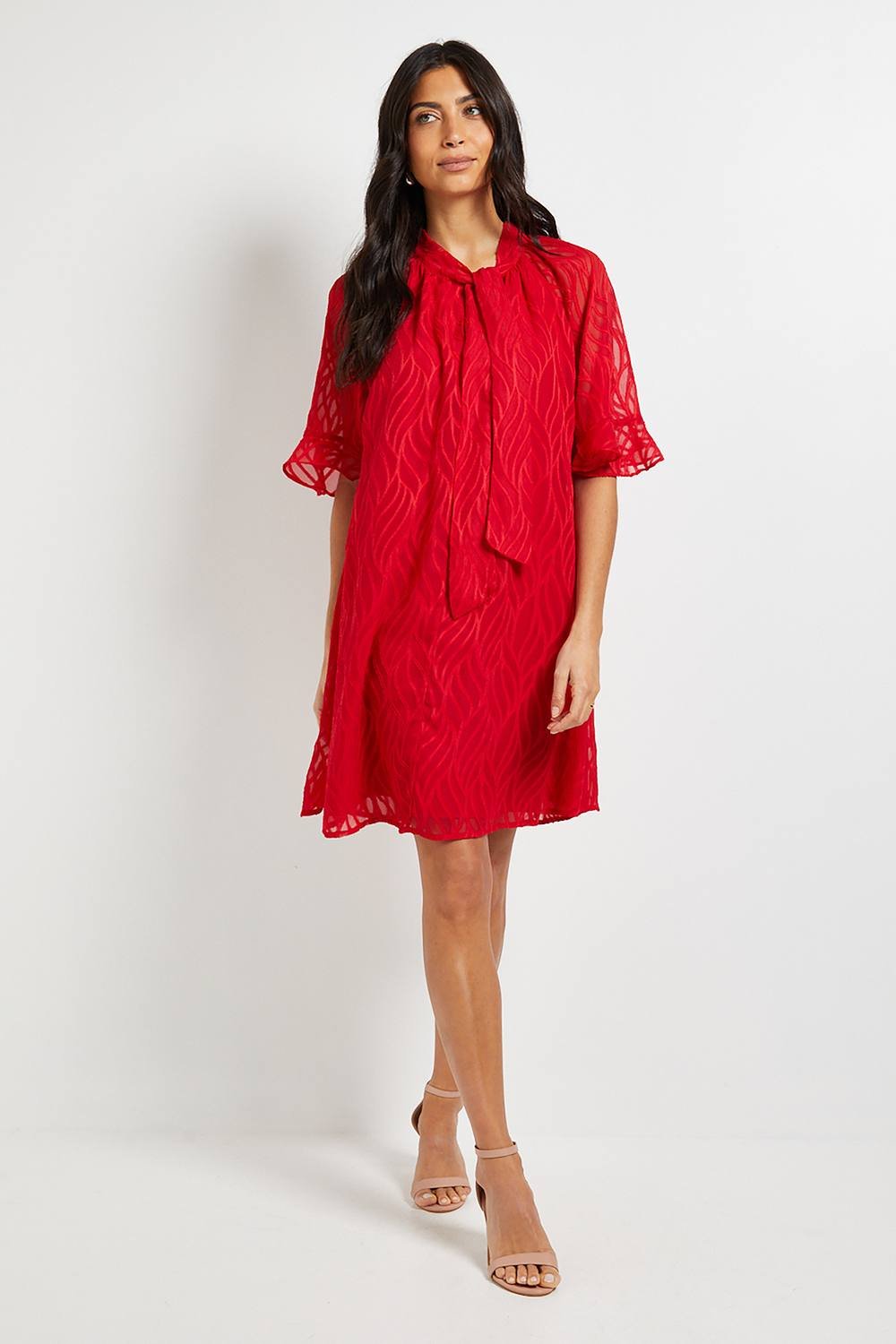 Wallis Wallis Women's Burn Out Cape Sleeve Shift Dress in Red - 2