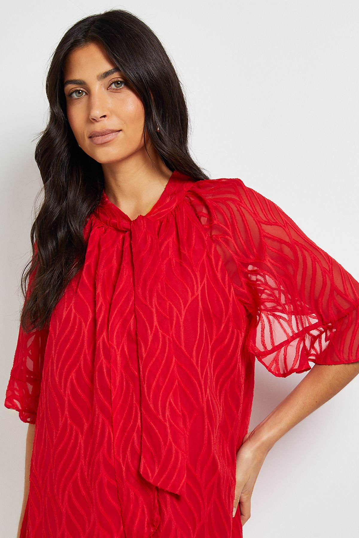 Wallis Wallis Women's Burn Out Cape Sleeve Shift Dress in Red - 4