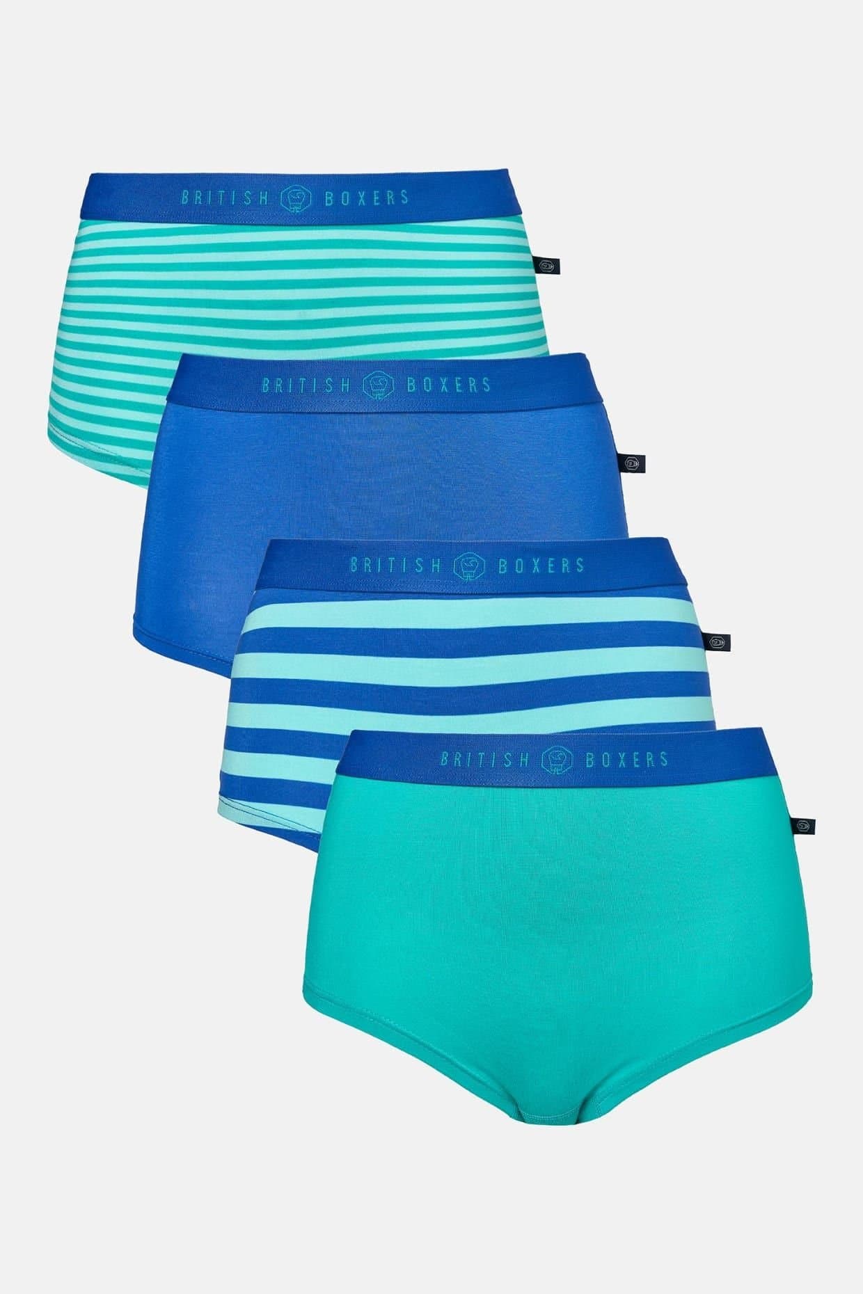 British Boxers British Boxers Women's Pack of Four "Seagreen" Bamboo Hipster Boxer Briefs in Bright Blue