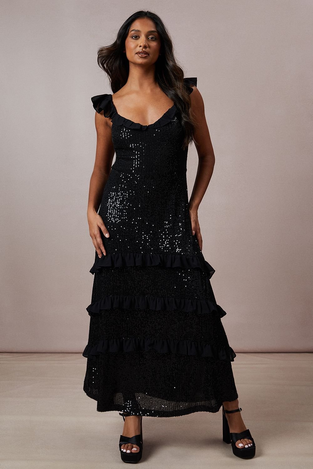 Oasis Oasis Women's Occasion Sequin Ruffle Midaxi Dress in Black - 2