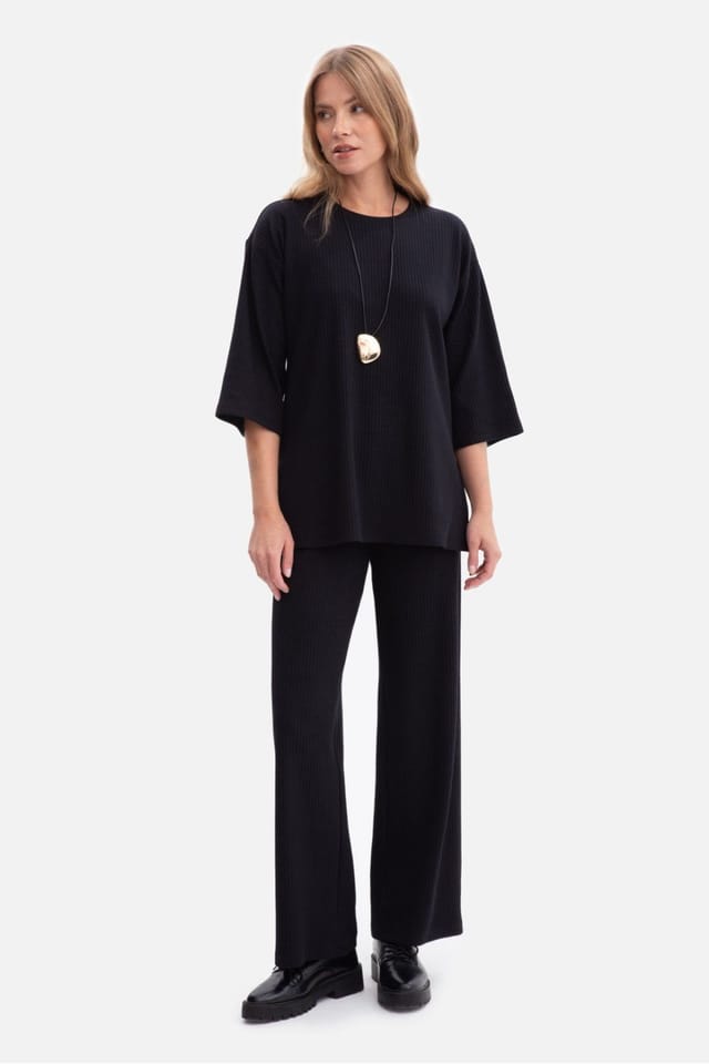 Love Lace Love Lace Women's Ribbed Knit Trousers Elastic Waist Mid Rise in Black - 2