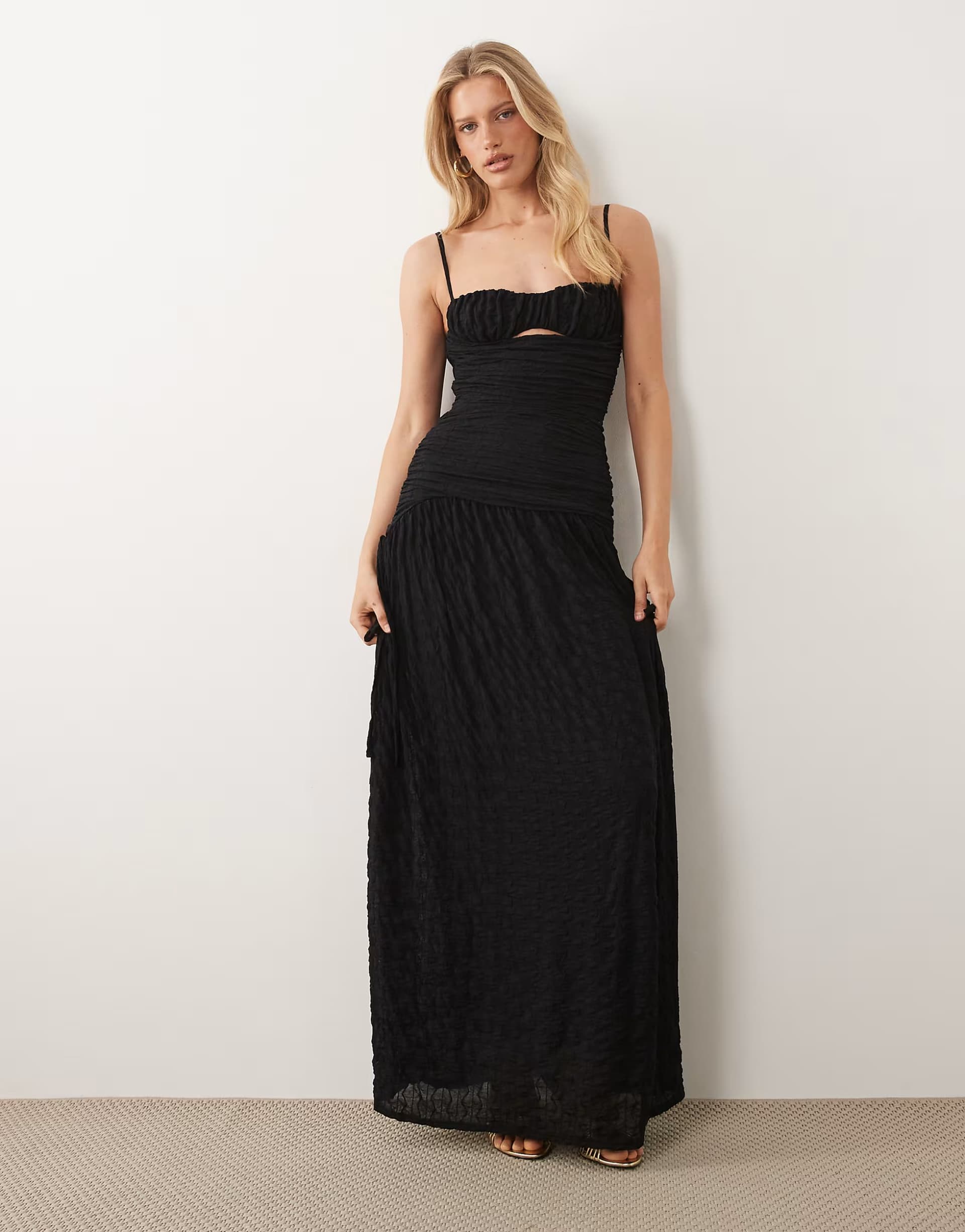 ASOS ASOS DESIGN ruched bodice textured mesh maxi dress with tie details in black
