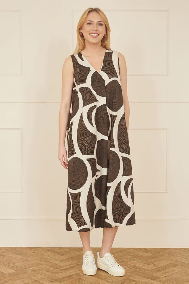 Yumi Yumi Women's Brown Cotton Abstract Circle Trapeze Relaxed Midi Dress - 2