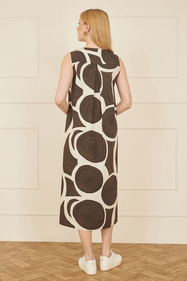 Yumi Yumi Women's Brown Cotton Abstract Circle Trapeze Relaxed Midi Dress - 3