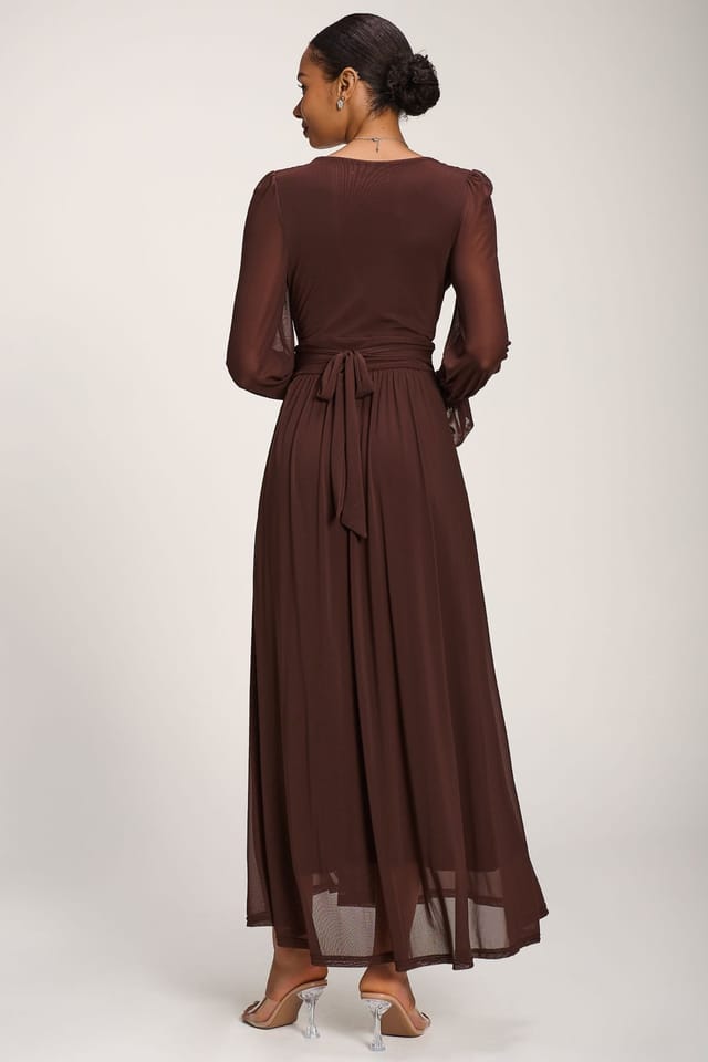Jolie Moi Jolie Moi Women's Long Sleeve Mesh Maxi Dress in Brown - 2