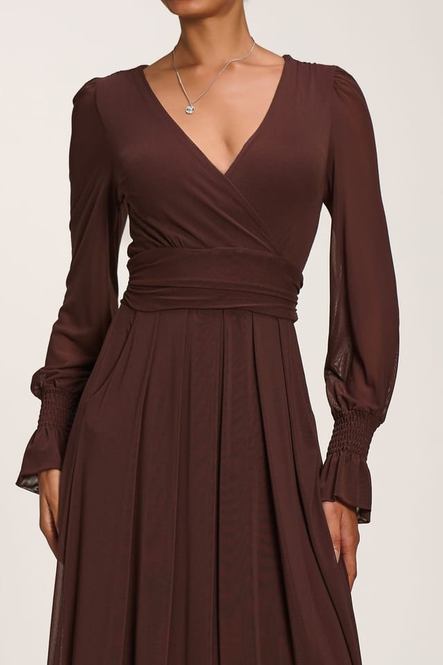 Jolie Moi Jolie Moi Women's Long Sleeve Mesh Maxi Dress in Brown - 3
