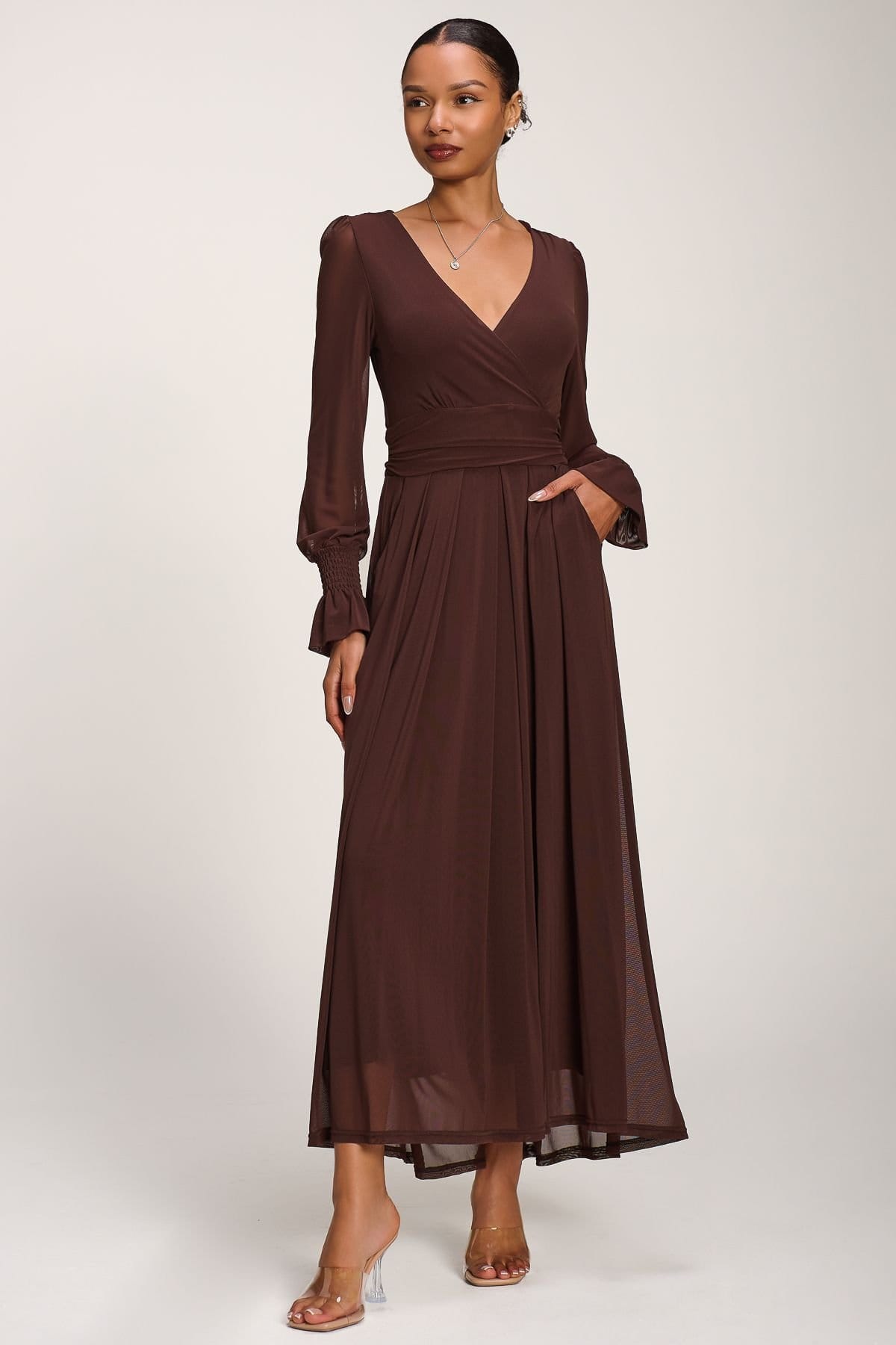 Jolie Moi Jolie Moi Women's Long Sleeve Mesh Maxi Dress in Brown - 4