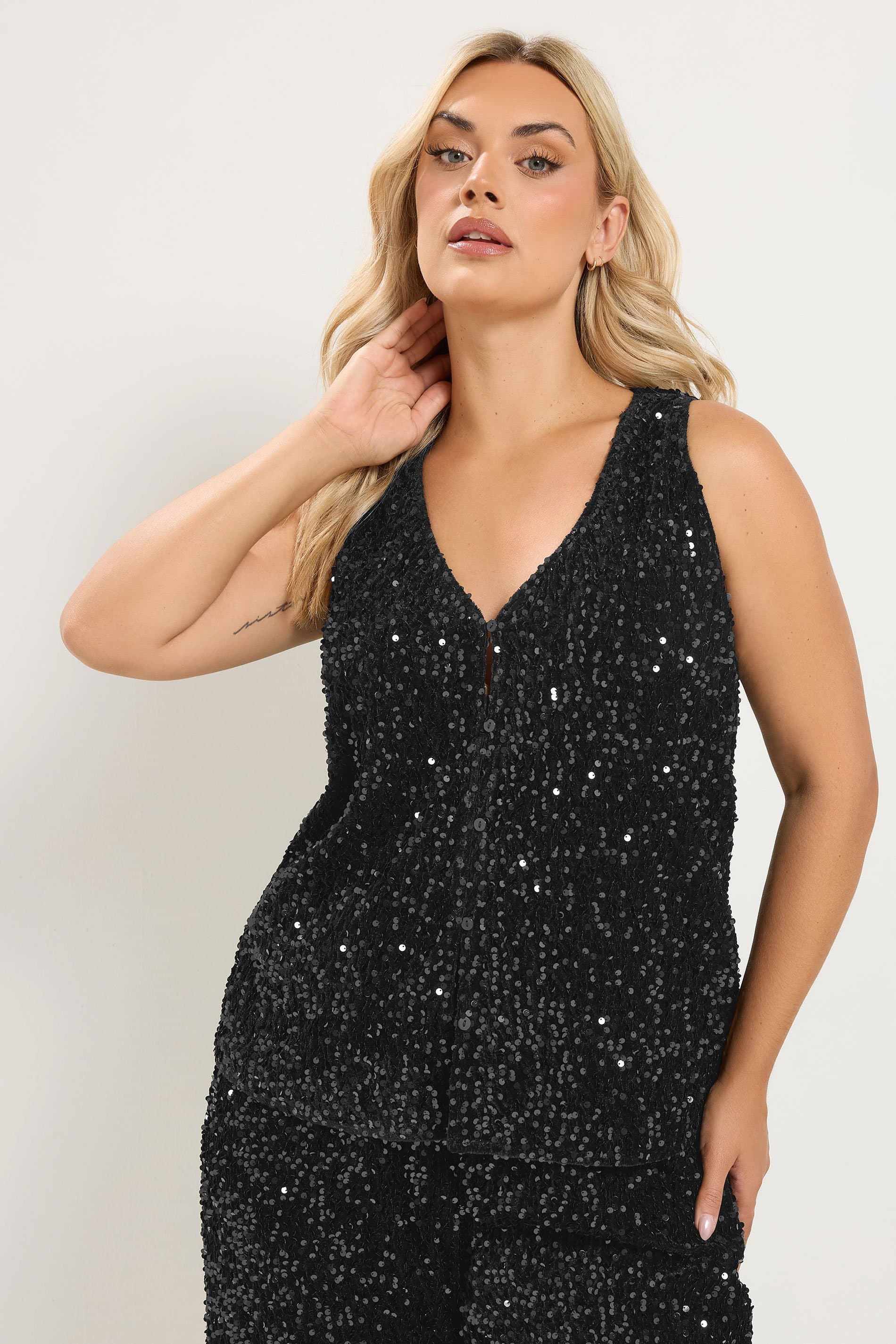 Yours Plus Size Black Sequin Waistcoat