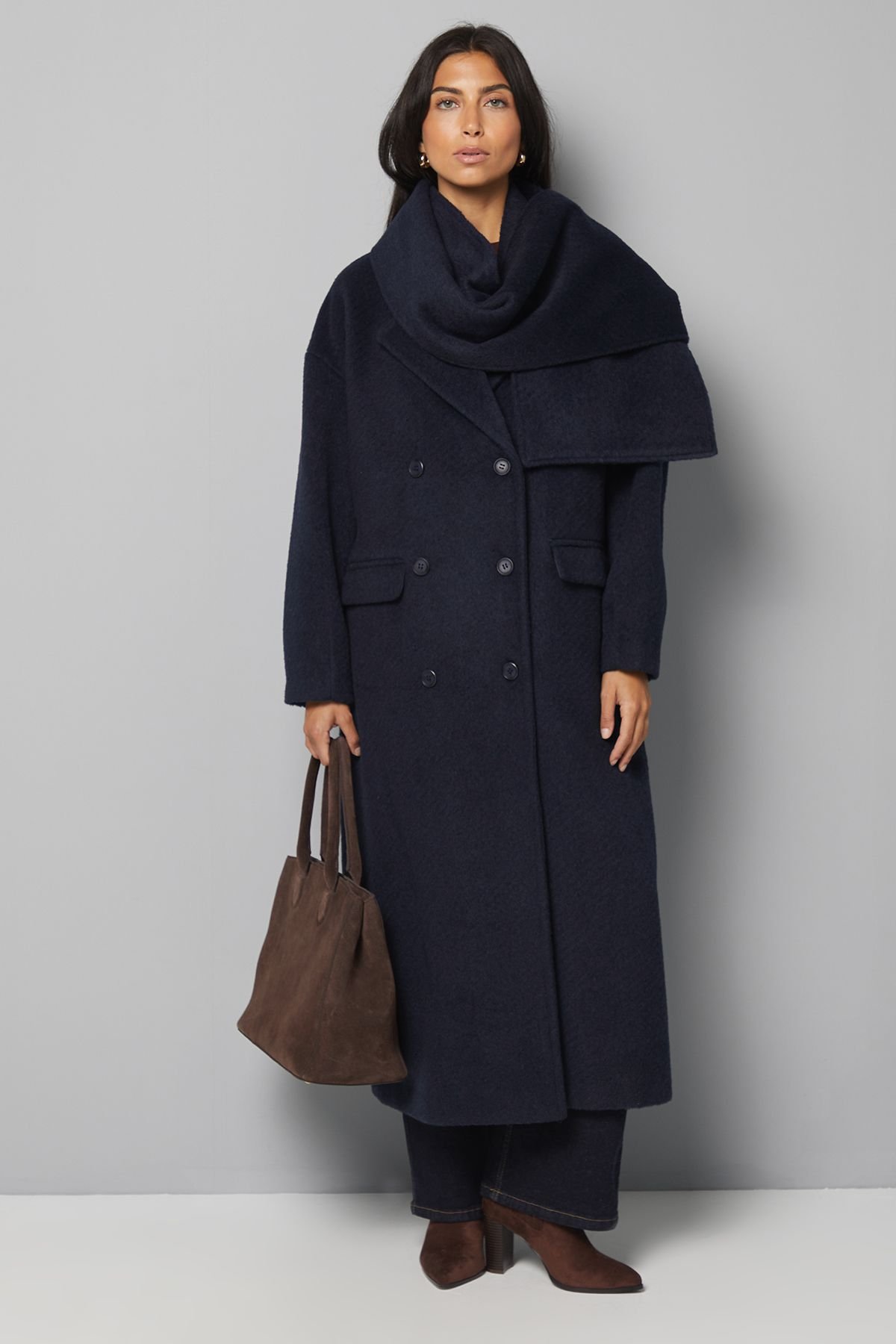 Wallis Wallis Women's Double Breasted Twill Scarf Detail Coat in Navy - 2