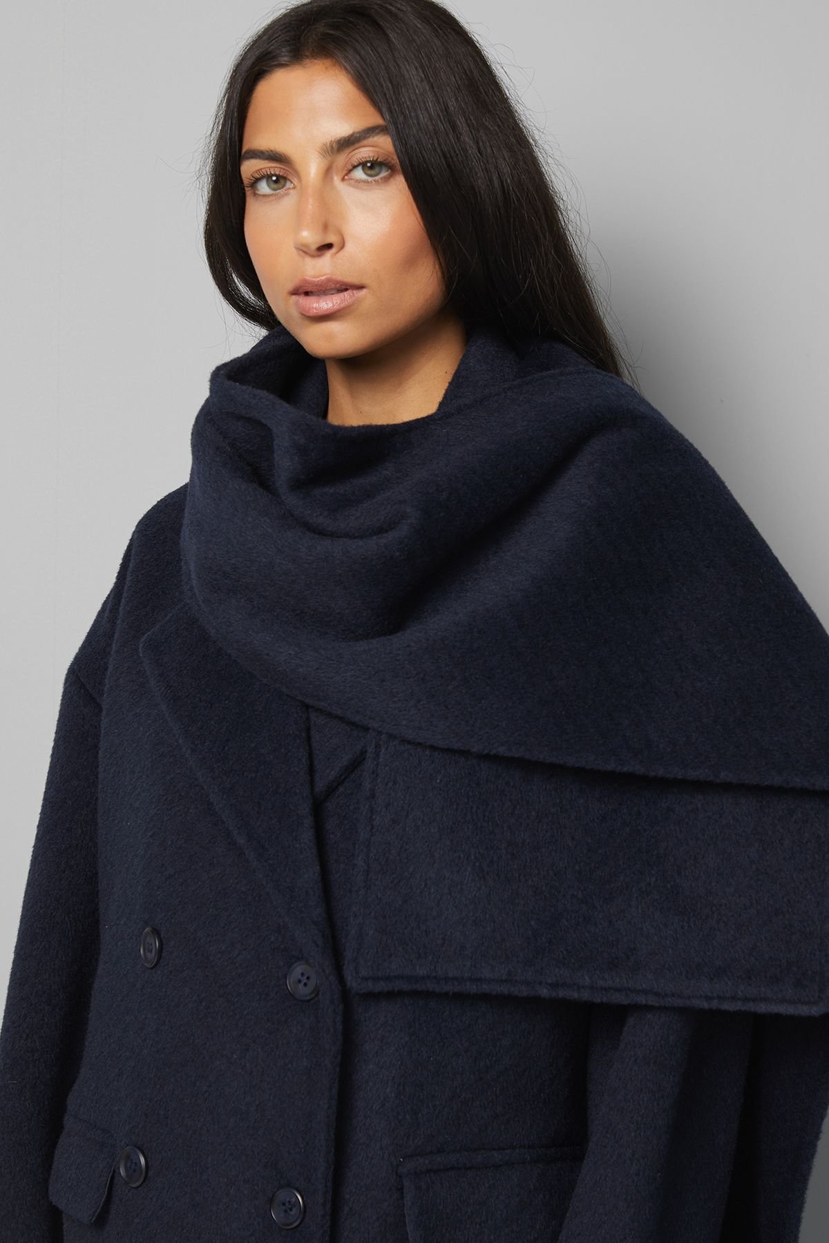 Wallis Wallis Women's Double Breasted Twill Scarf Detail Coat in Navy - 4