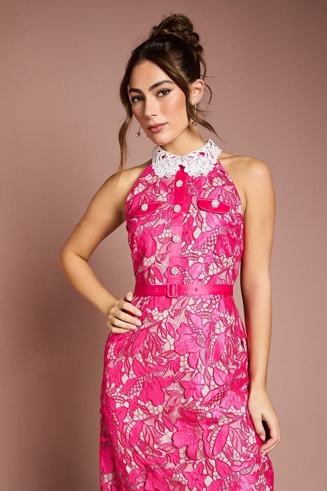 Coast Coast Women's Halter Neck Satin Lace Contrast Collar Midi Dress in Pink - 2