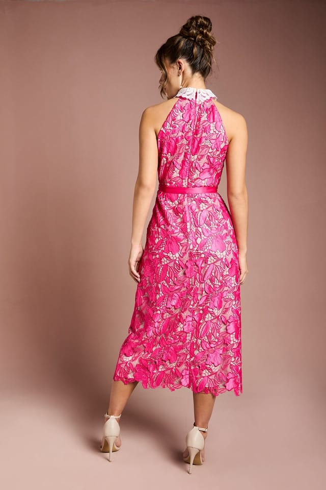 Coast Coast Women's Halter Neck Satin Lace Contrast Collar Midi Dress in Pink - 3