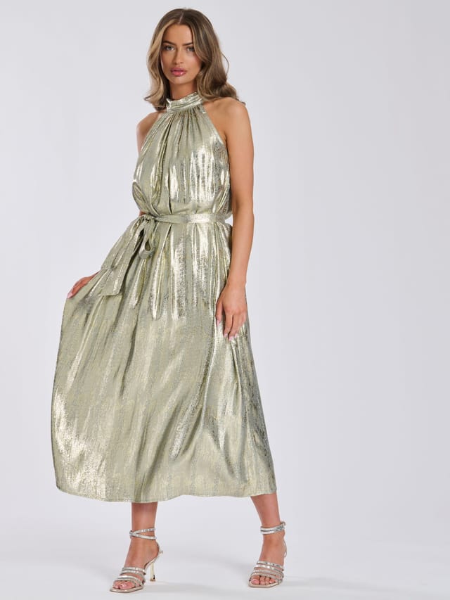 Finding Friday Finding Friday Women's Metallic High Neck Tie Waist Midi Dress in Gold - 2
