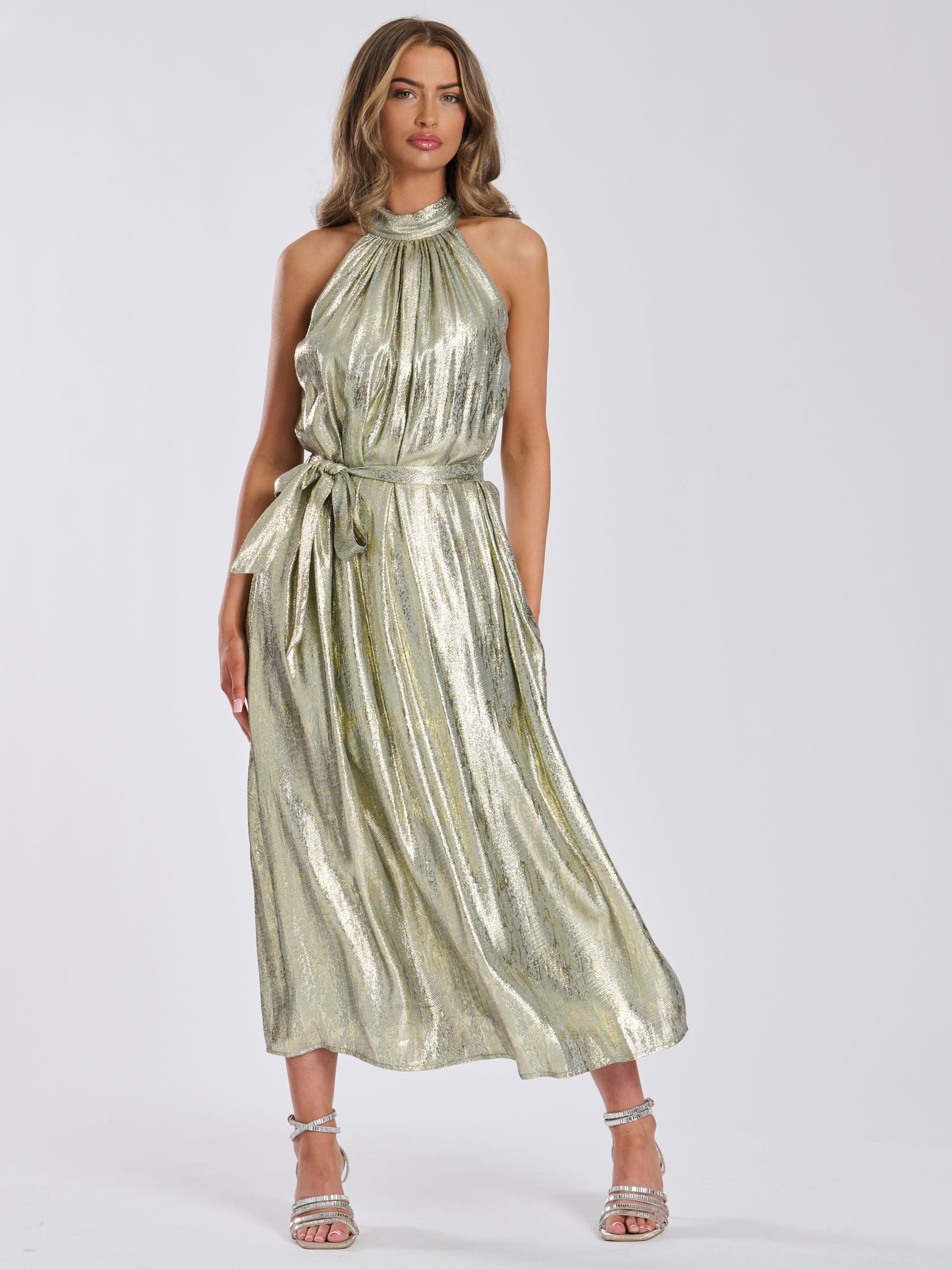 Finding Friday Finding Friday Women's Metallic High Neck Tie Waist Midi Dress in Gold - 4