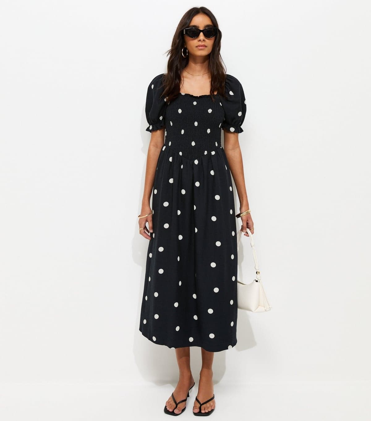 New Look Women's Black Polka Dot Shirred Midi Dress New Look