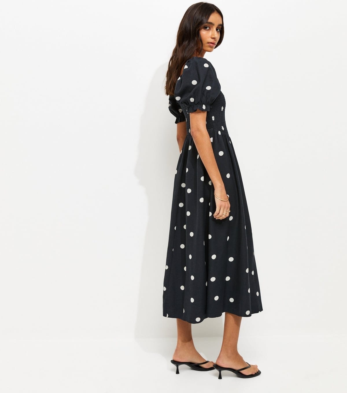 New Look Women's Black Polka Dot Shirred Midi Dress New Look - 4