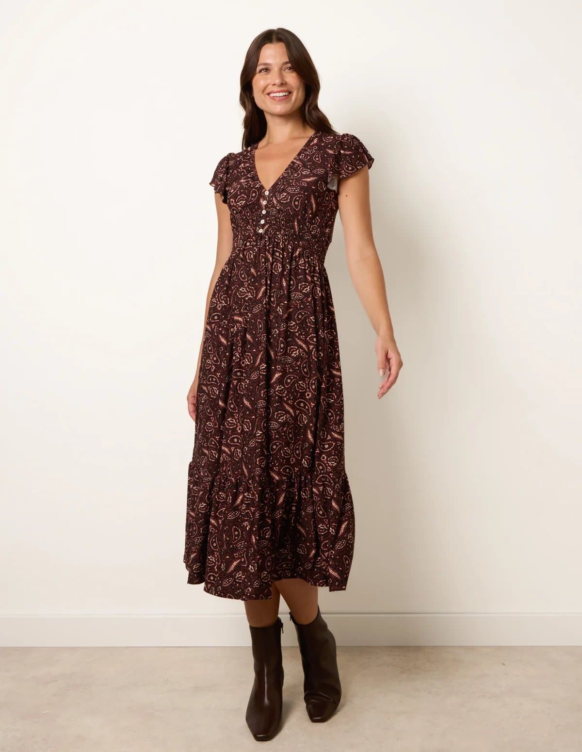Blue Vanilla V Neck Midi Dress With Shirred Waist Button Front