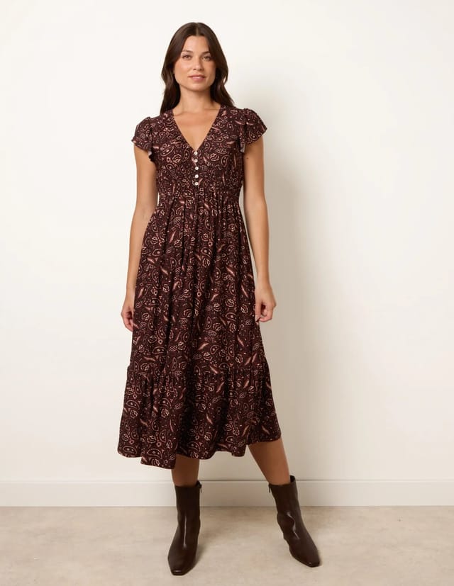 Blue Vanilla V Neck Midi Dress With Shirred Waist Button Front - 3