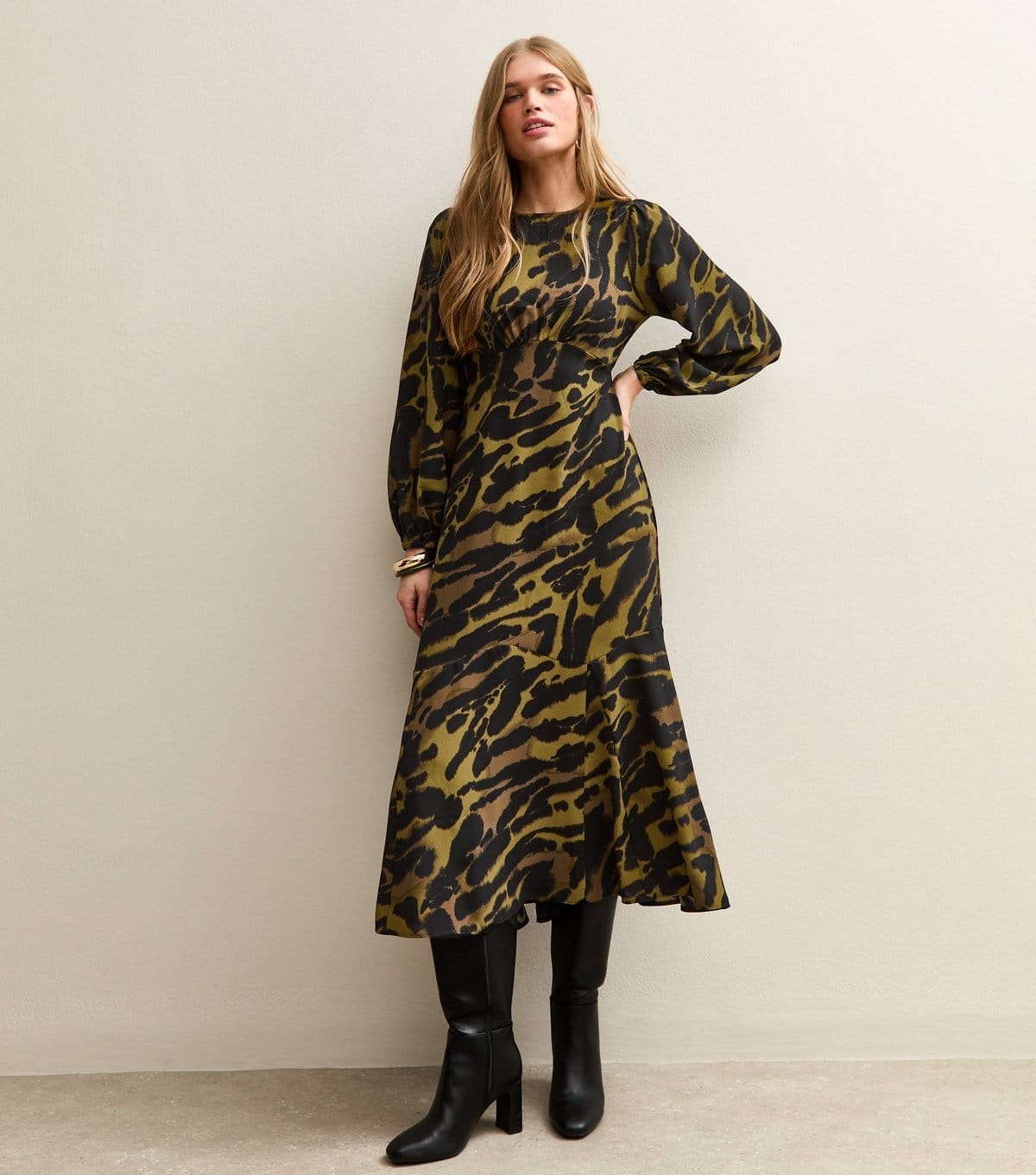 New Look Green Animal Print Satin Midi Dress