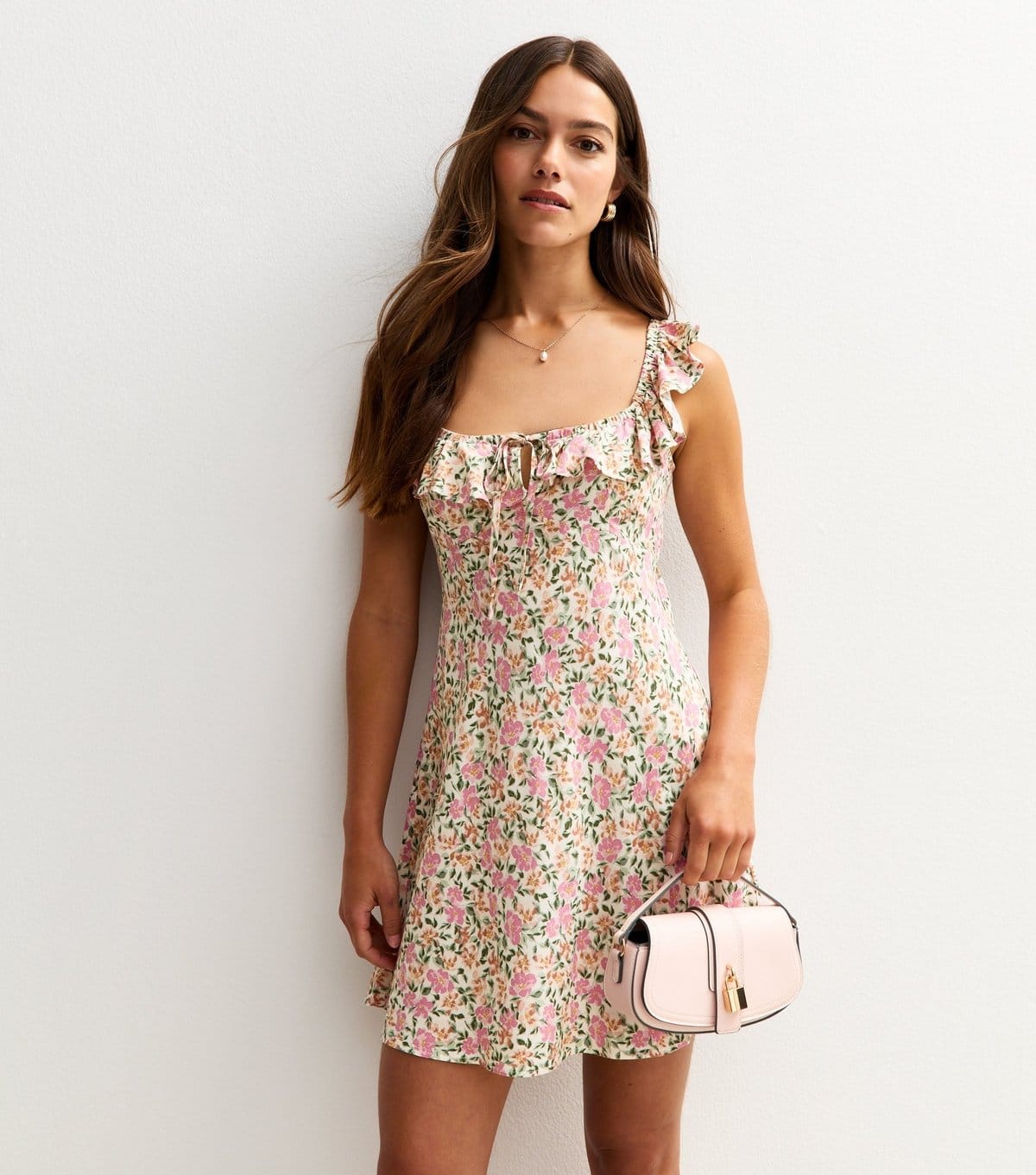New Look Cream Floral Print Frill Trim Mini Dress