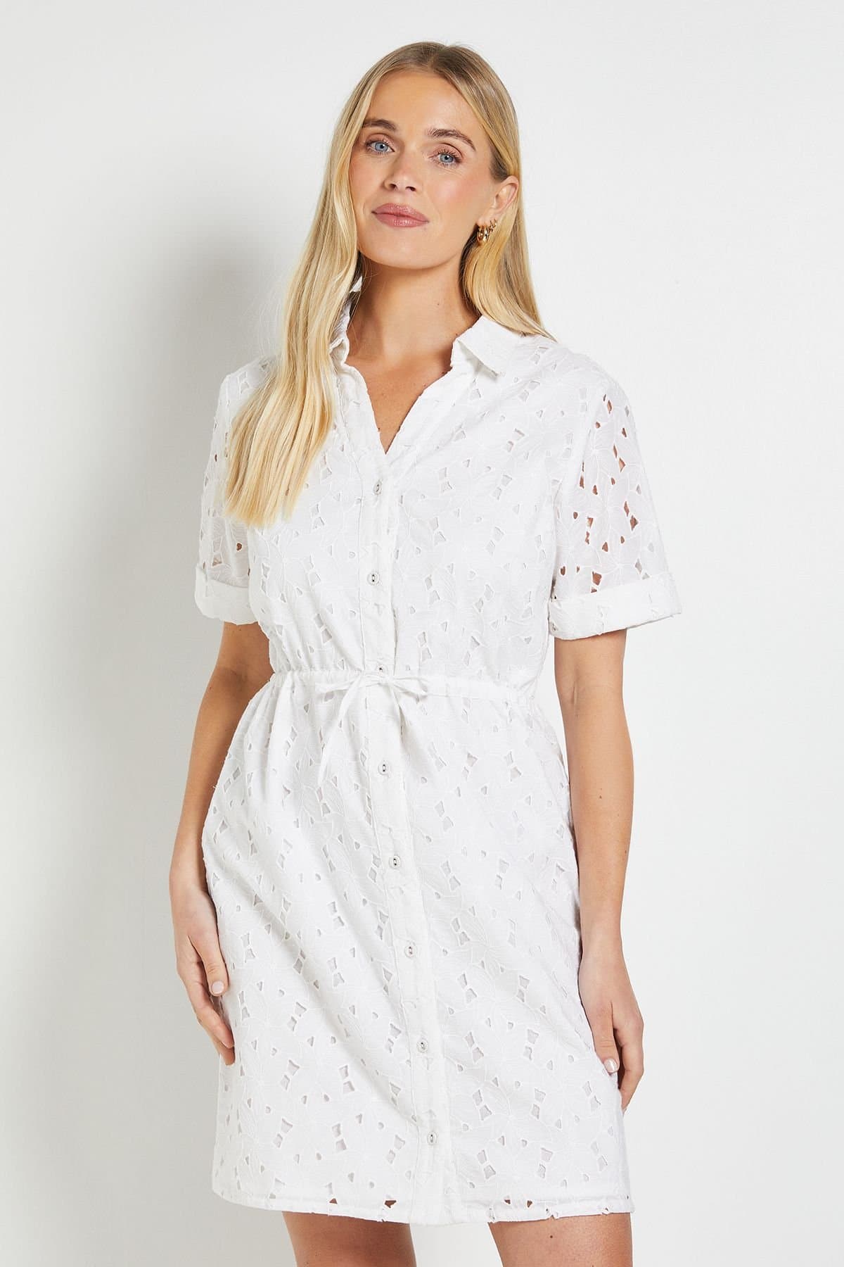 Wallis Wallis Women's Petite Broderie Drawstring Shift Dress in Ivory