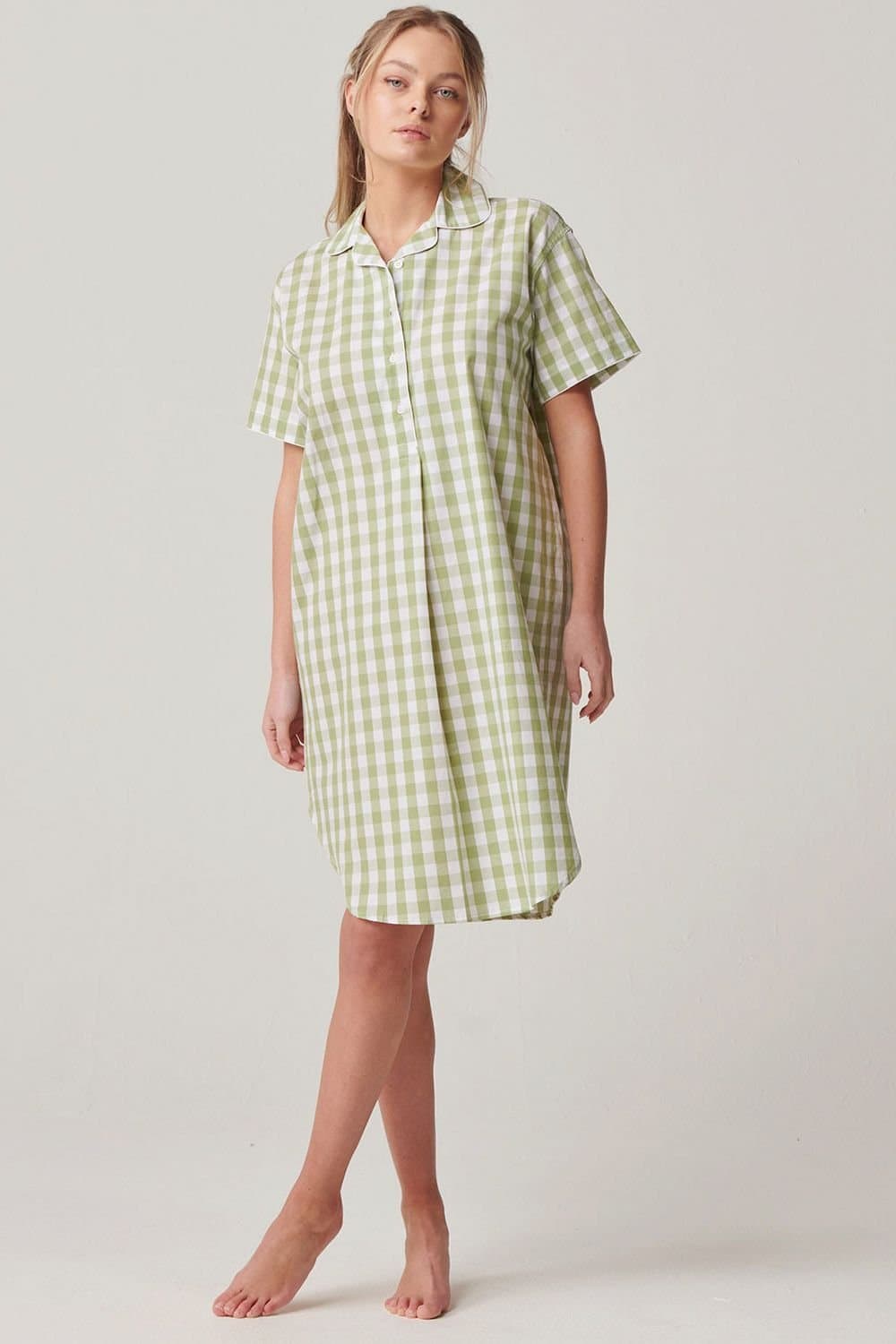 British Boxers British Boxers Women's "Field Green" Gingham Crisp Cotton Short Sleeve Nightshirt in Light Green