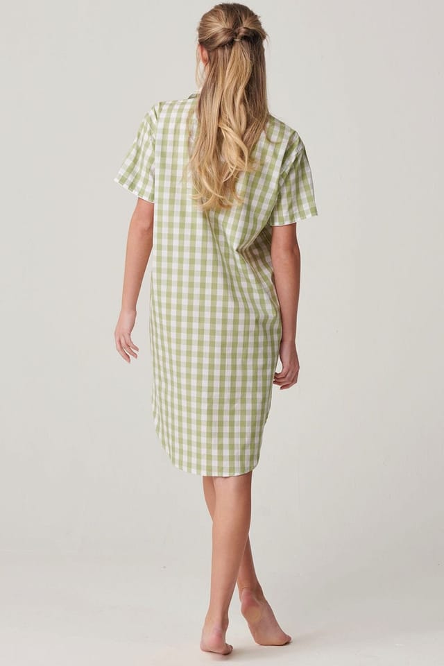 British Boxers British Boxers Women's "Field Green" Gingham Crisp Cotton Short Sleeve Nightshirt in Light Green - 2