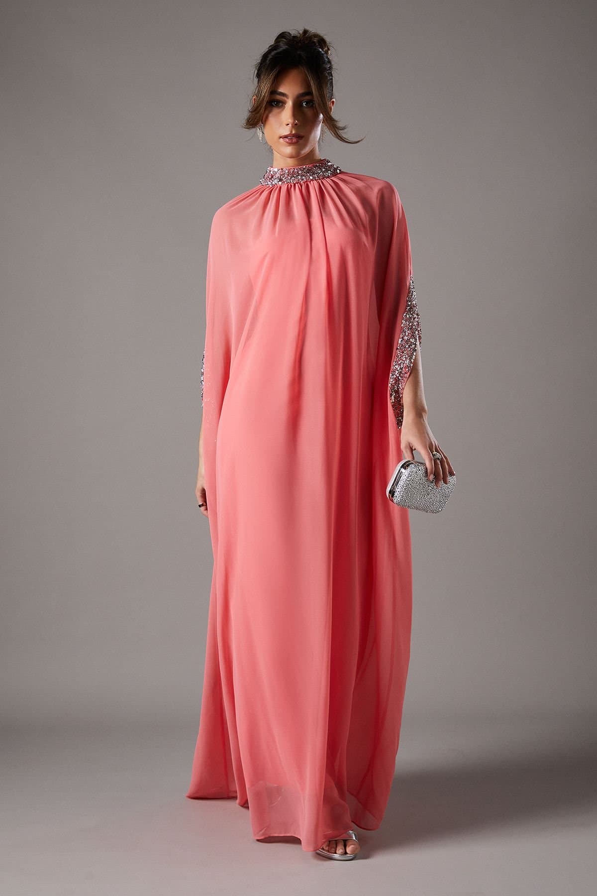 Coast Coast Women's Chiffon Cape Style Sequin Maxi Dress in Coral