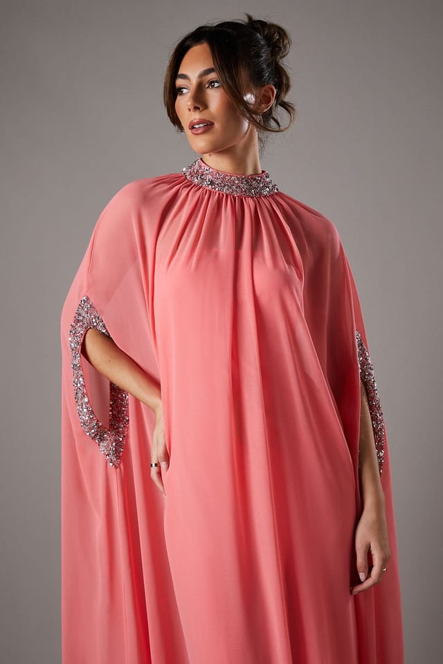 Coast Coast Women's Chiffon Cape Style Sequin Maxi Dress in Coral - 2