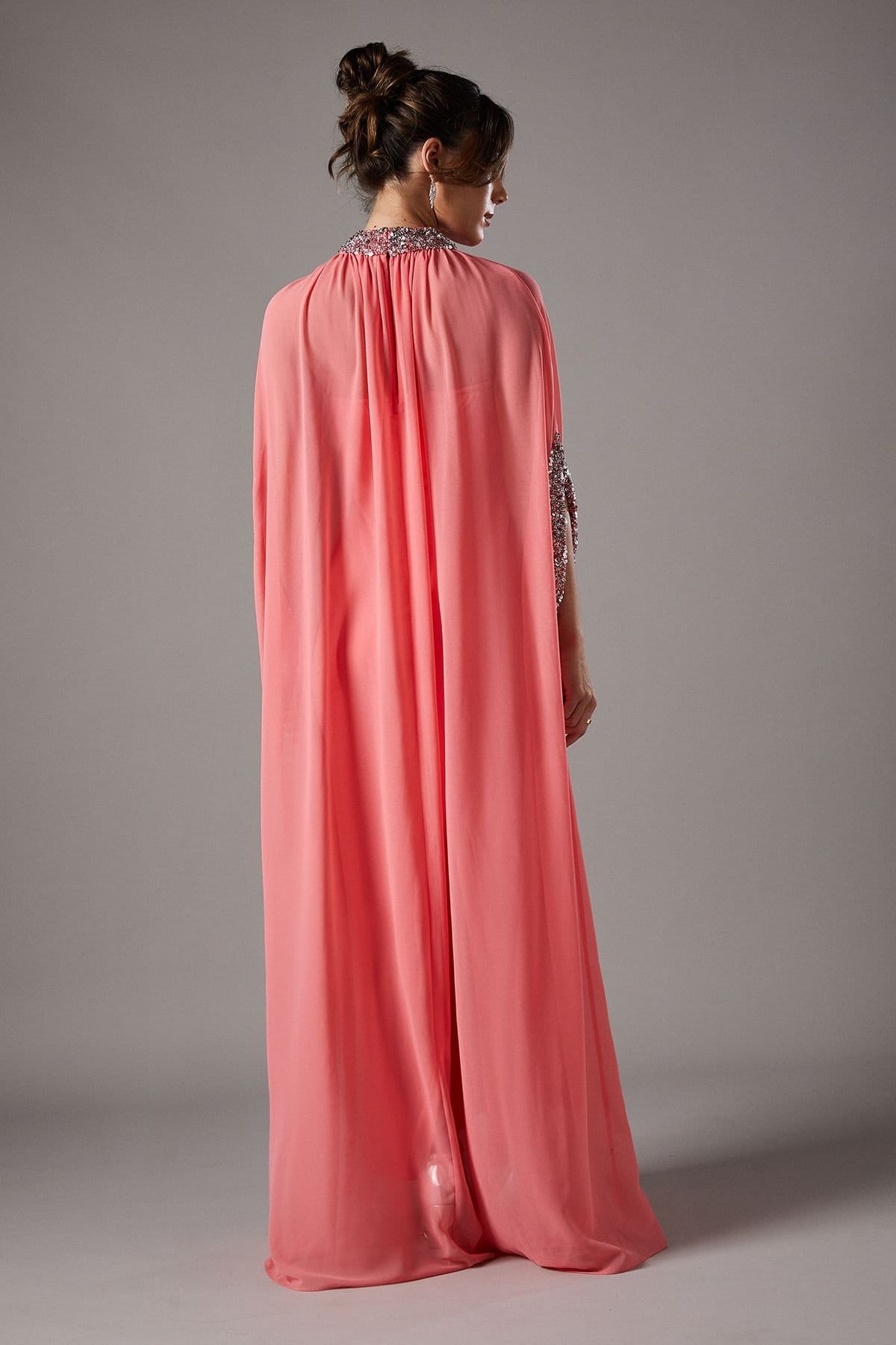 Coast Coast Women's Chiffon Cape Style Sequin Maxi Dress in Coral - 4