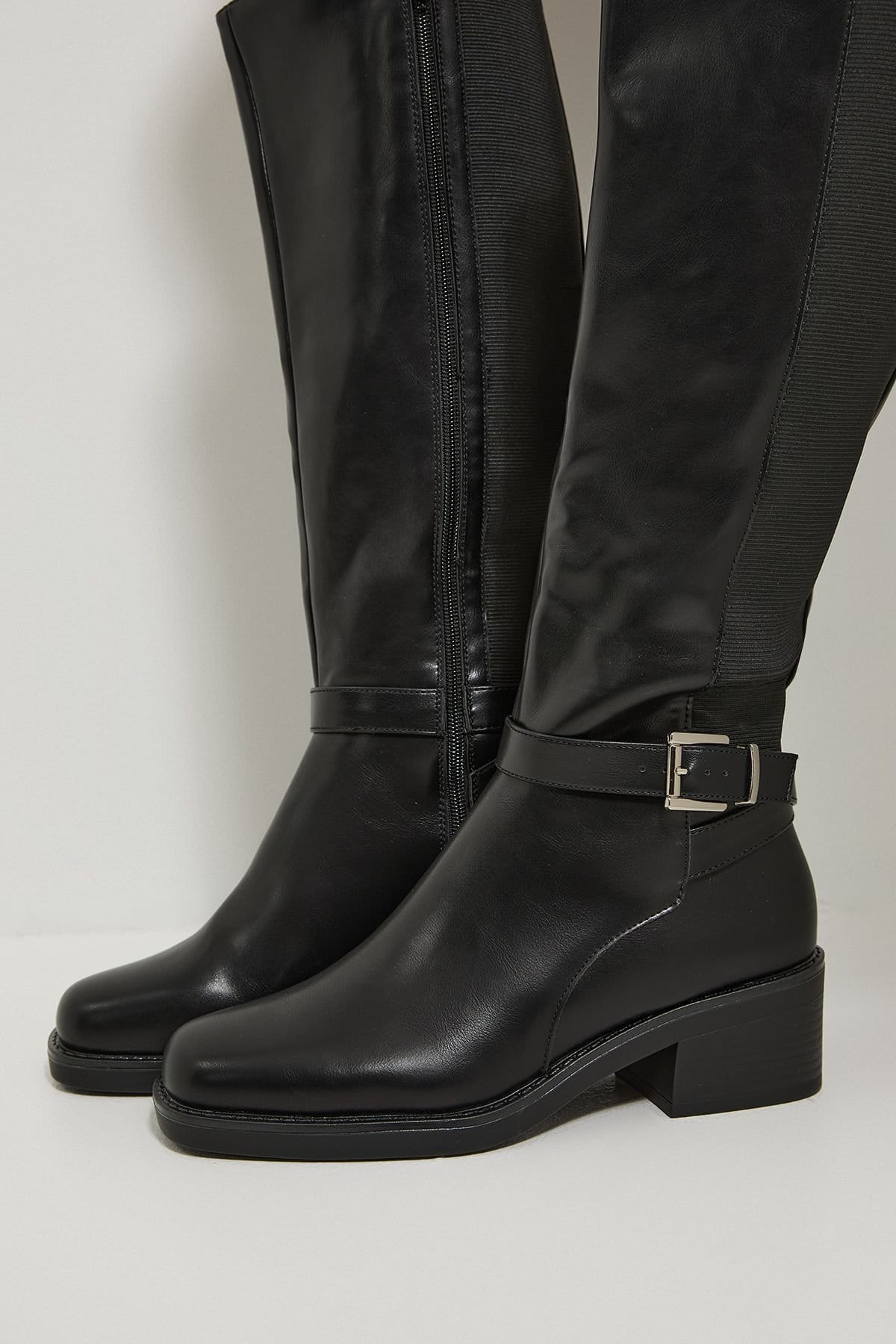 Dorothy Perkins Dorothy Perkins Women's Melanie Faux Leather Buckle Detail Chunky Medium Block Heel Knee Boots in Black - 4