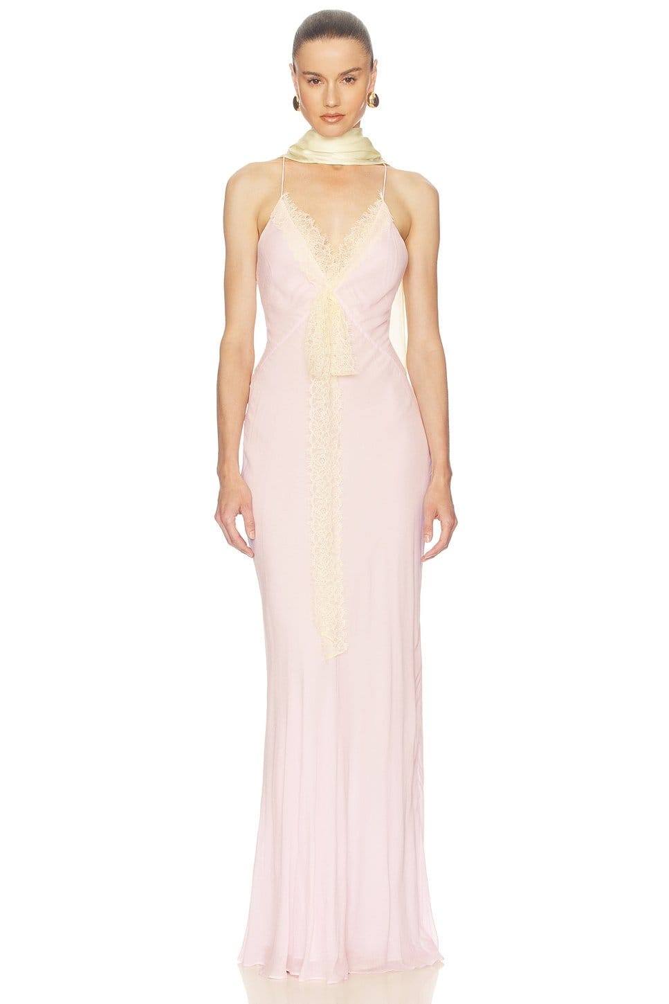 Revolve Peony Pink Sheer Georgette Gown With Lace