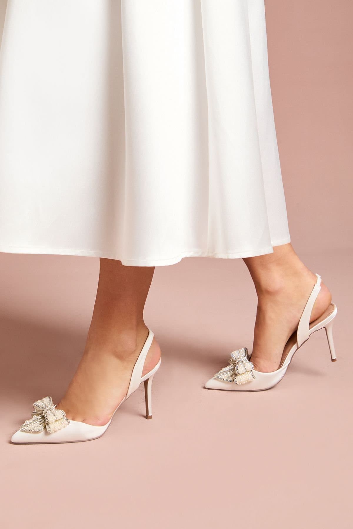 Coast Coast Women's Bridal Selena Satin Pearl Bow Pointed High Stiletto Heel Slingback Court Shoes in White