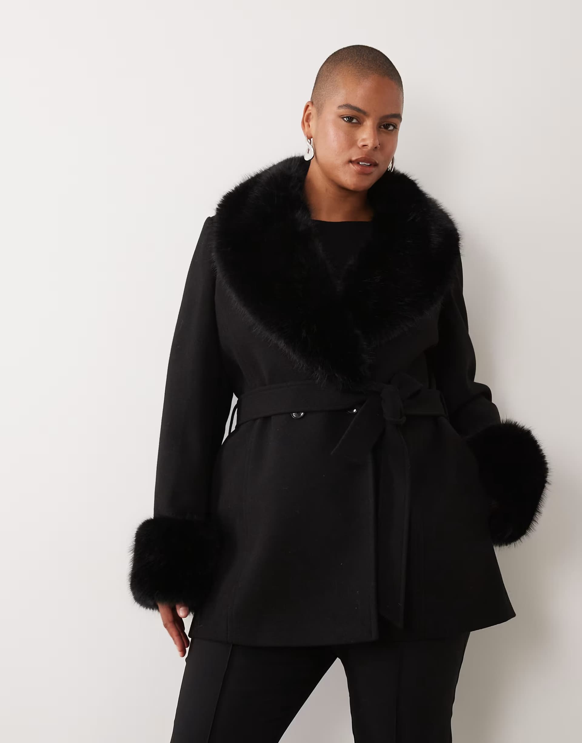 ASOS Forever New Curve faux fur trim belted short coat in black