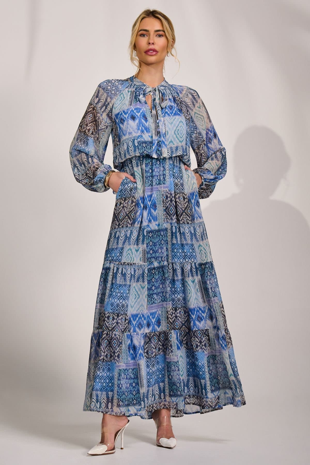 Jolie Moi Jolie Moi Women's Long Sleeve Chiffon Tiered Maxi Dress in Dark Blue