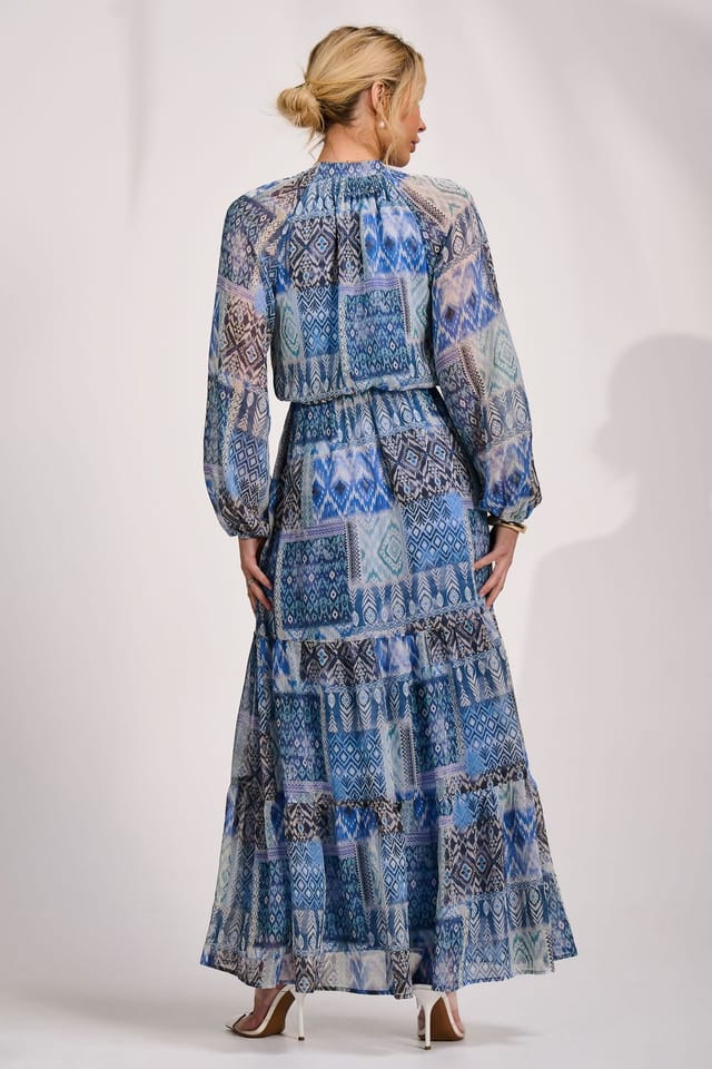 Jolie Moi Jolie Moi Women's Long Sleeve Chiffon Tiered Maxi Dress in Dark Blue - 2