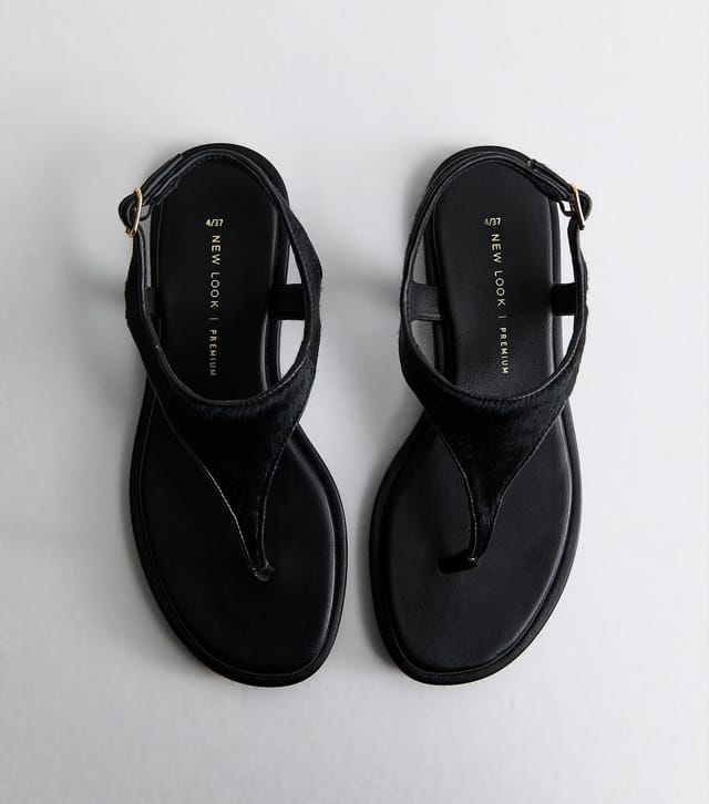 New Look Women's Premium Real Leather Black Pony Hair Toe Post Sandals New Look - 2