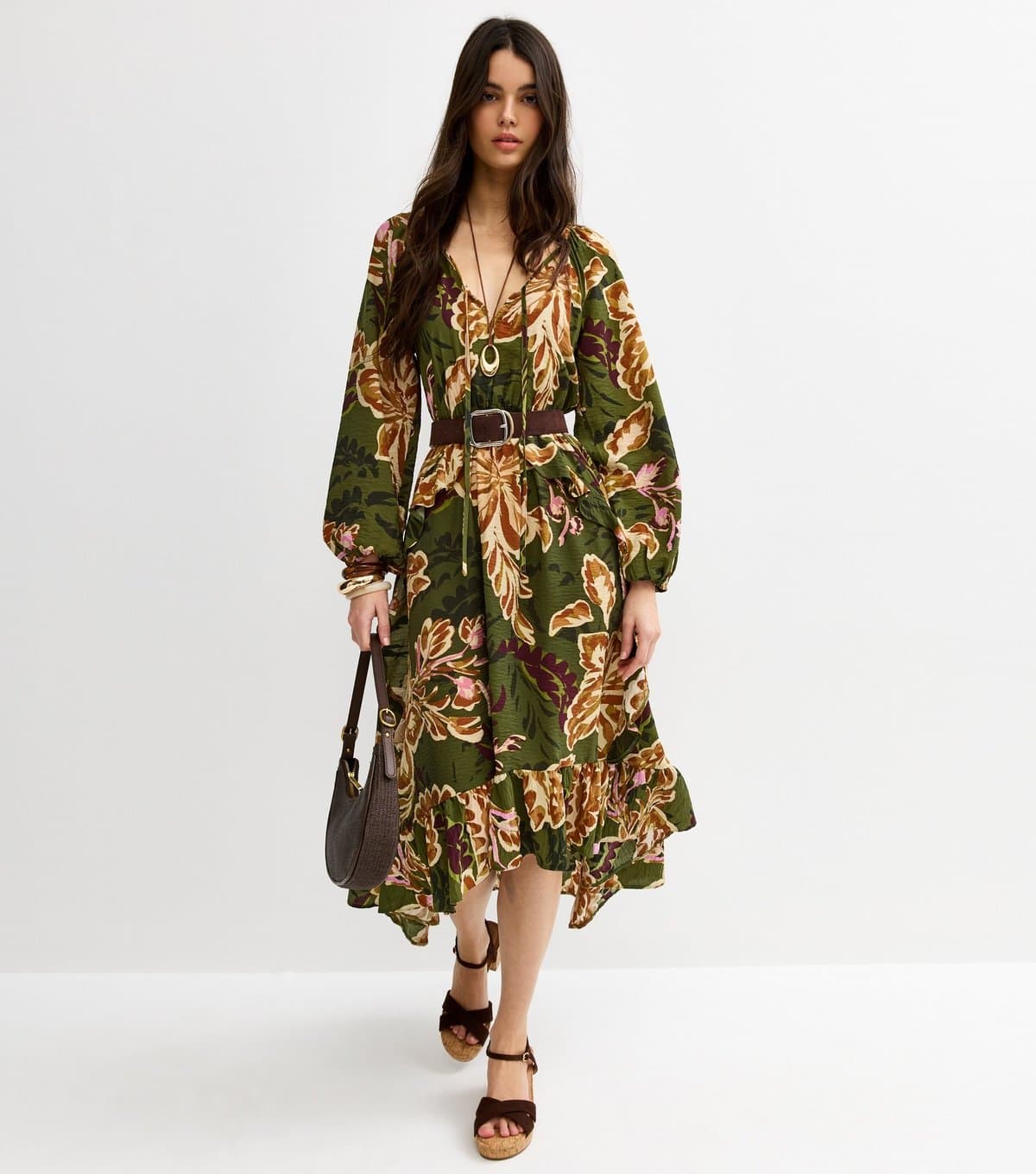 New Look Women's Green Floral Ruffled Hem Midi Dress New Look