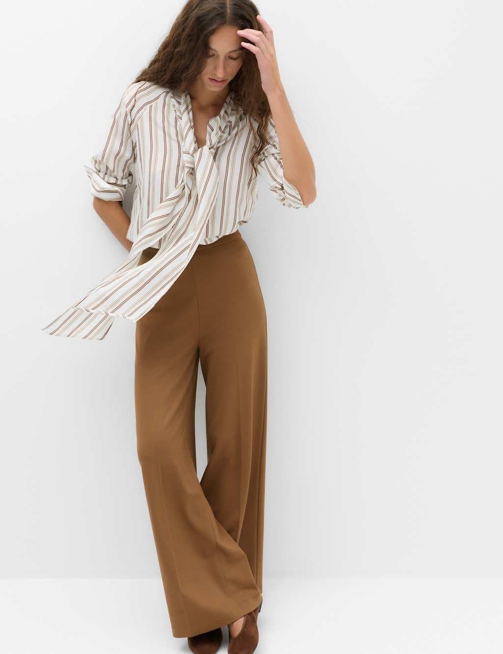 Marks & Spencer M&S Jersey Wide Leg Trousers with Stretch Caramel
