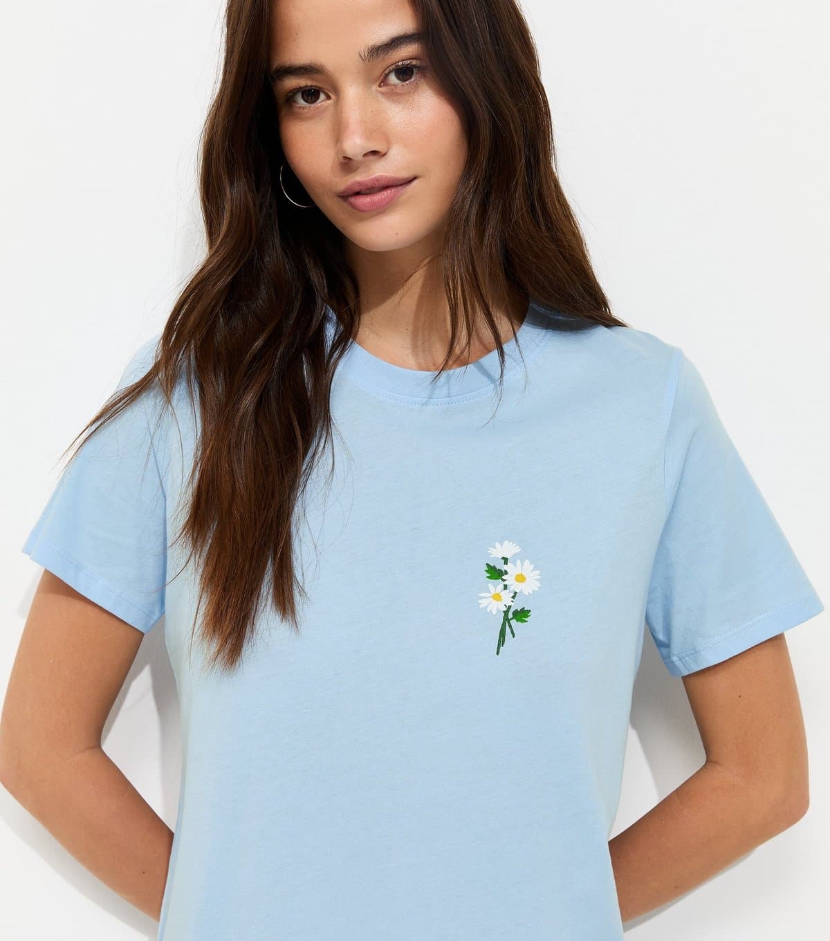New Look Women's Light Blue Cotton Floral Embroidered T-Shirt New Look